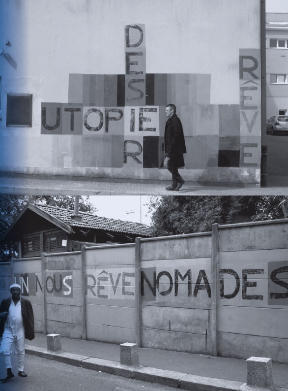 Description de l'image par IA : Homme marche devant un mur avec inscriptions en lettres blanches et grises.