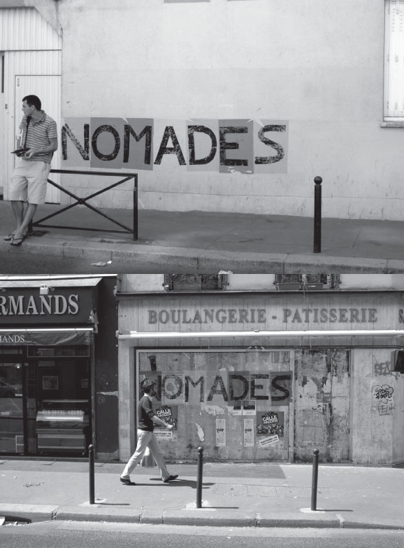Description de l'image par IA : Homme debout devant une boutique avec une grande pancarte "NOMades" sur un bâtiment. Une boulangerie-pâtisserie en dessous.