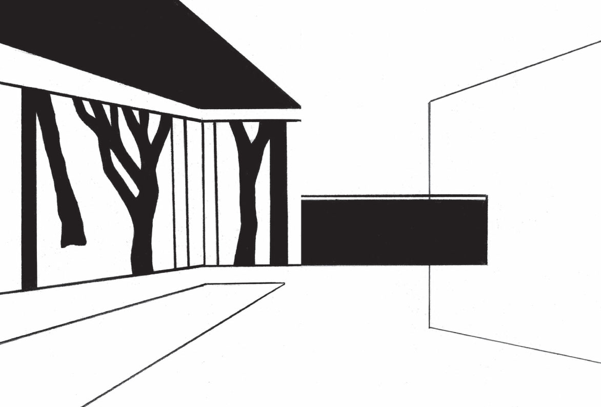 Description de l'image par IA : Une maison moderne avec une grande fenêtre offrant une vue sur des arbres.