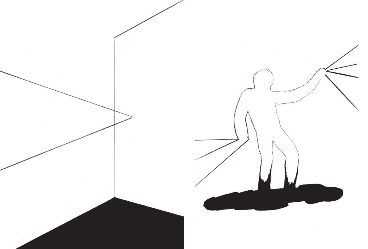 Description de l'image par IA : Une silhouette d'homme tenant un objet pointant vers un mur avec des lignes rayonnant autour.