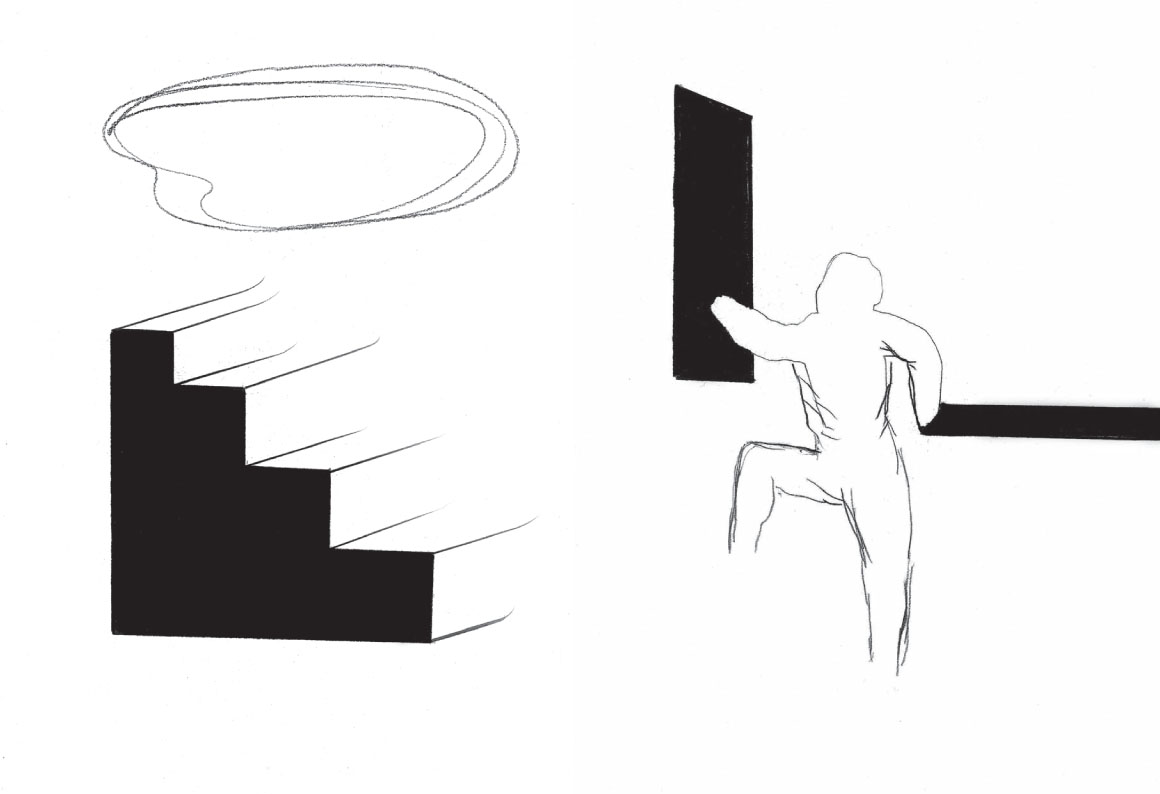 Description de l'image par IA : Deux personnes interagissant avec des structures verticales, l'une montant des escaliers, l'autre grimpant un mur.