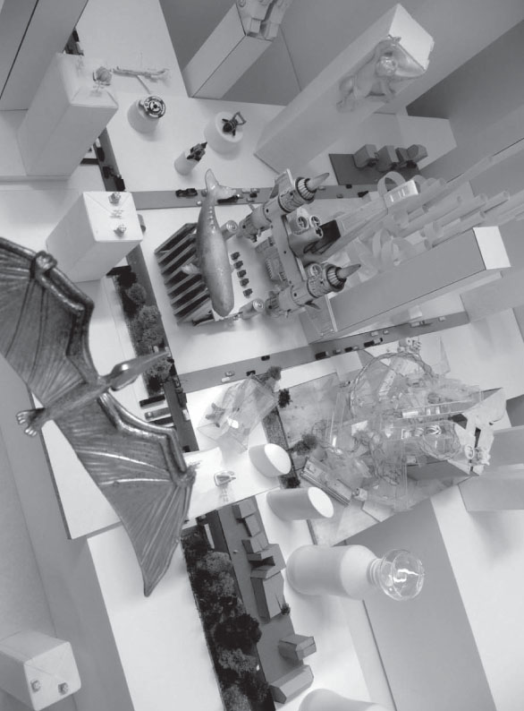 Description de l'image par IA : Vue aérienne d'un salon moderne avec divers meubles et objets, incluant des chaises, tables, vases et lampes.