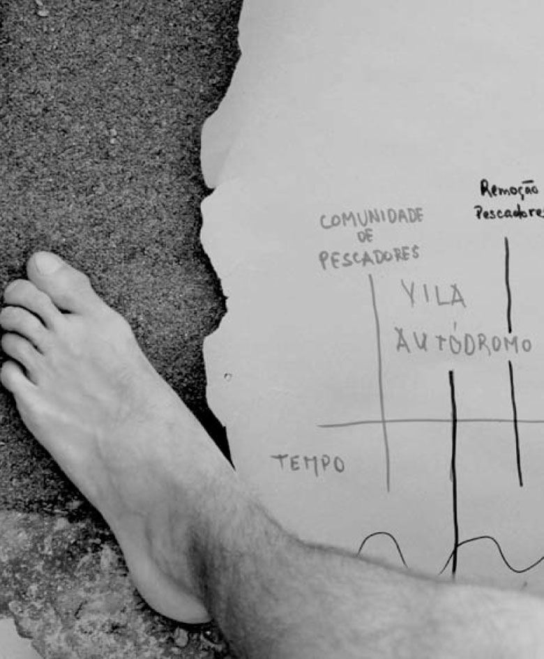 Description de l'image par IA : Pied nu touchant un papier avec des graphiques et du texte en portugais.