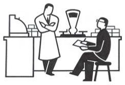 Description de l'image par IA : Deux personnes dans un bureau, l'une debout près d'une table avec des papiers, l'autre assise tenant un livre.