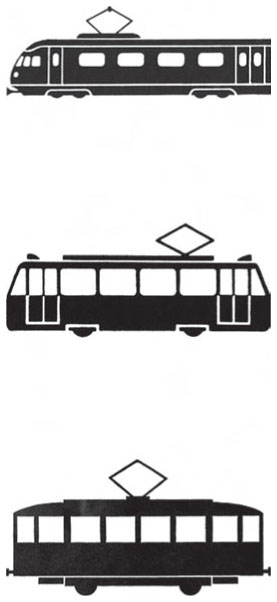 Description de l'image par IA : Trois tramways simplifiés en noir et blanc, vus de côté, avec des fenêtres et des roues distinctes.