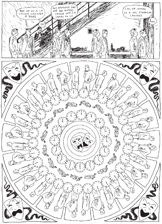 Description de l'image par IA : Dessins en noir et blanc montrant des personnes sur un chantier et un cercle avec des figures autour d'un visage central.