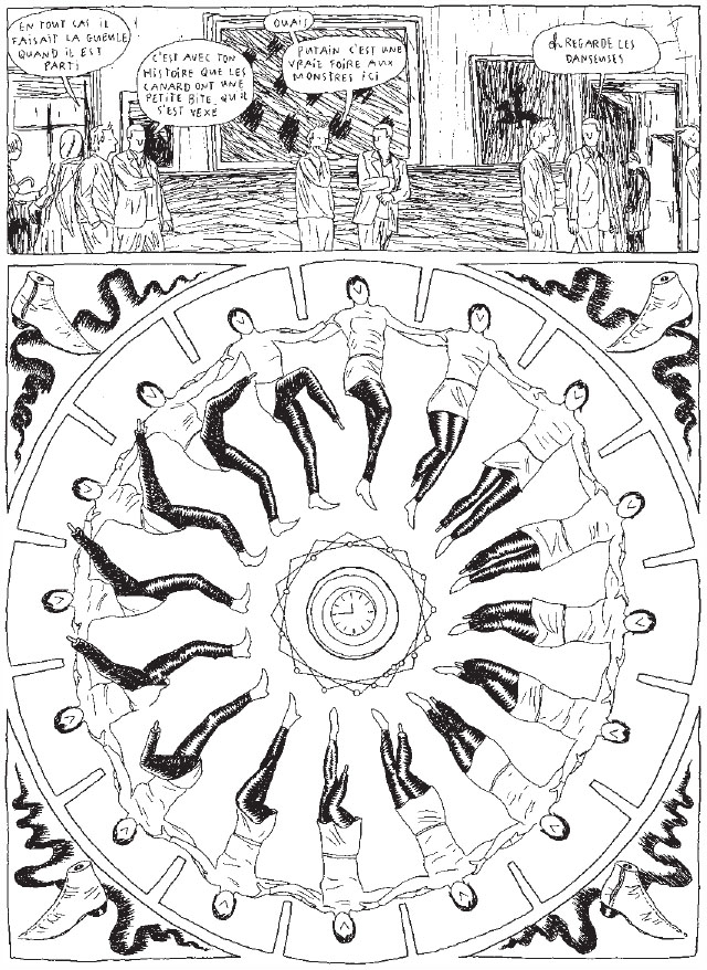 Description de l'image par IA : Des personnes dans une pièce avec des dialogues, et un cercle avec des individus en position de danse ou de mouvement.