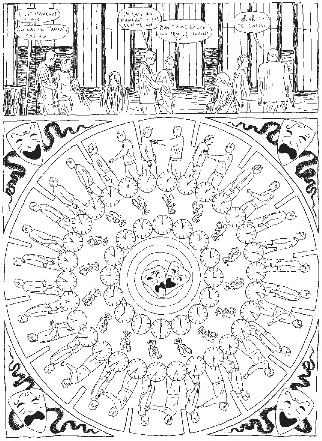 Description de l'image par IA : Des personnes dans une pièce avec des singes et des horloges.