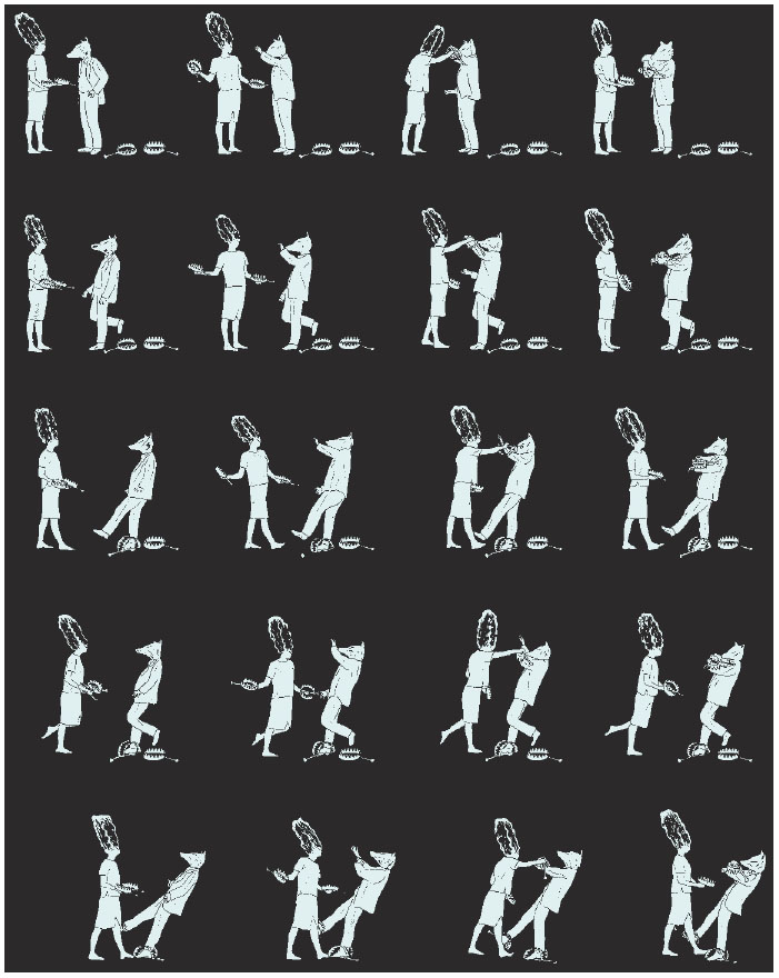 Description de l'image par IA : Danseurs suspendus en noir et blanc, positions variées.