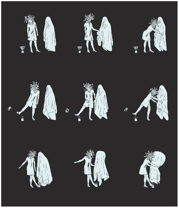 Description de l'image par IA : Dix silhouettes blanches de personnes allongées sur le sol, en position de relaxation ou de méditation.