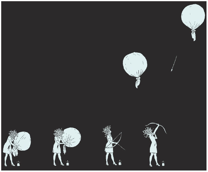 Description de l'image par IA : Quatre femmes avec des ballons et des arcs, deux ballons volent dans le ciel.