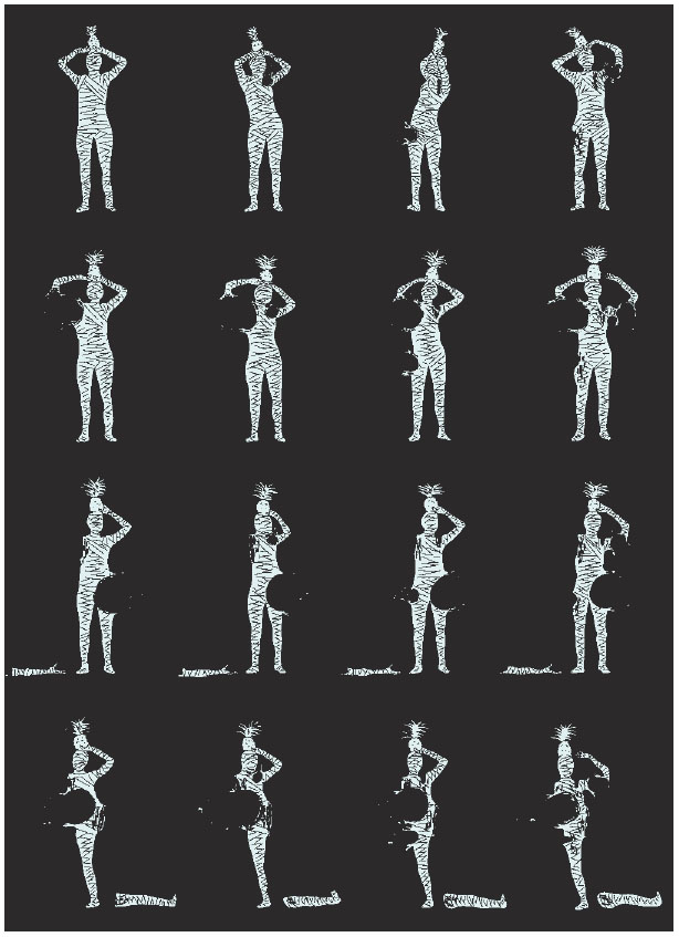 Description de l'image par IA : Dix silhouettes stylisées de personnes en diverses poses sur fond noir.