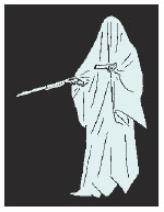 Description de l'image par IA : Figure encapuchonnée tenant une canne, vêtue d'une robe flottante.
