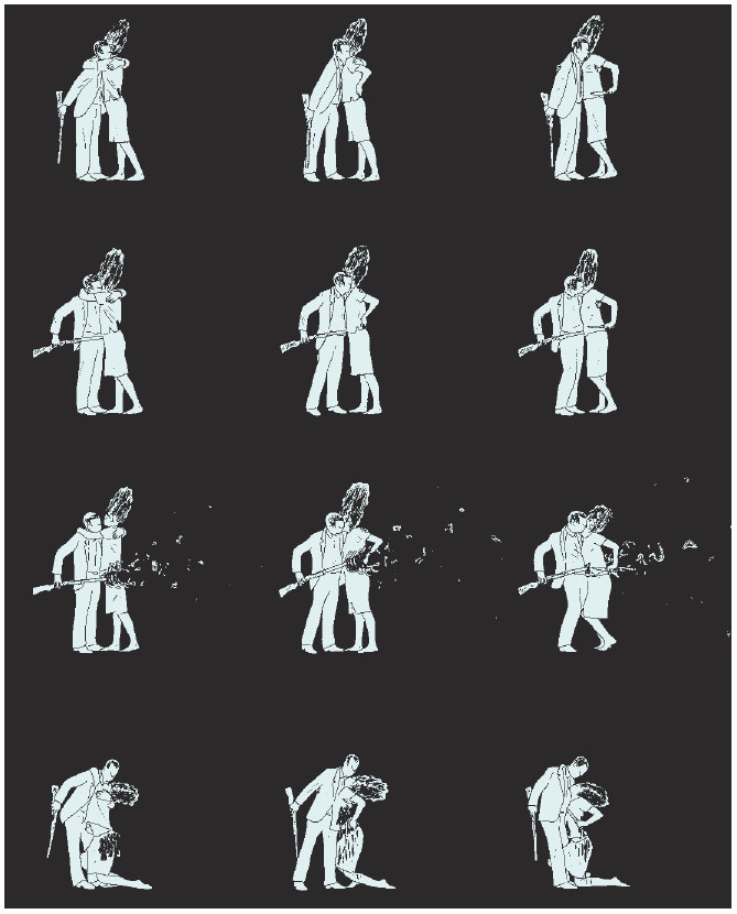 Description de l'image par IA : Dix silhouettes blanches de personnes allongées sur un fond noir.