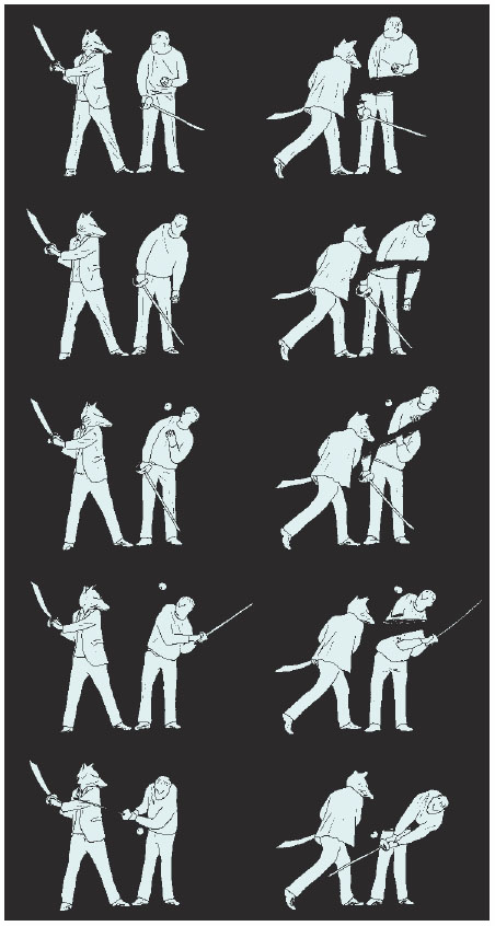 Description de l'image par IA : Dix dessins en noir et blanc montrant des hommes en train de se battre avec des épées.