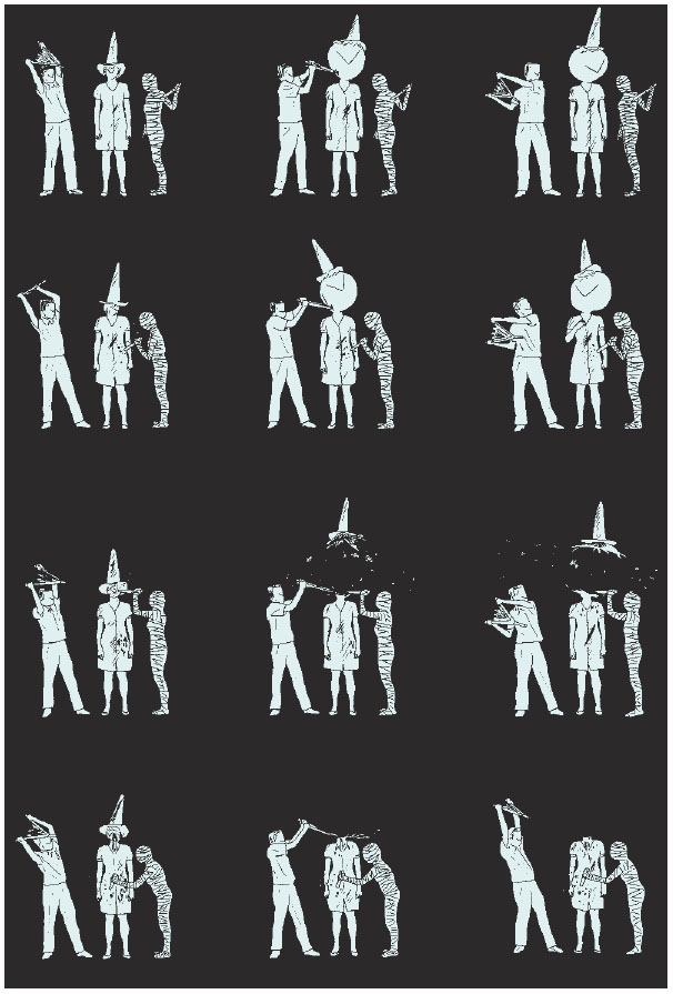 Description de l'image par IA : Dix silhouettes de personnes en costumes de carnaval avec des masques et des accessoires, sur fond noir.