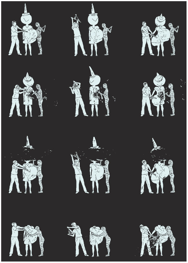 Description de l'image par IA : Dessins en noir et blanc montrant des musiciens jouant divers instruments, disposés en grille.