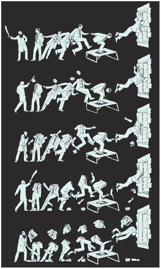 Description de l'image par IA : Dessins animés de personnes en blouses blanches effectuant diverses actions dans un laboratoire.