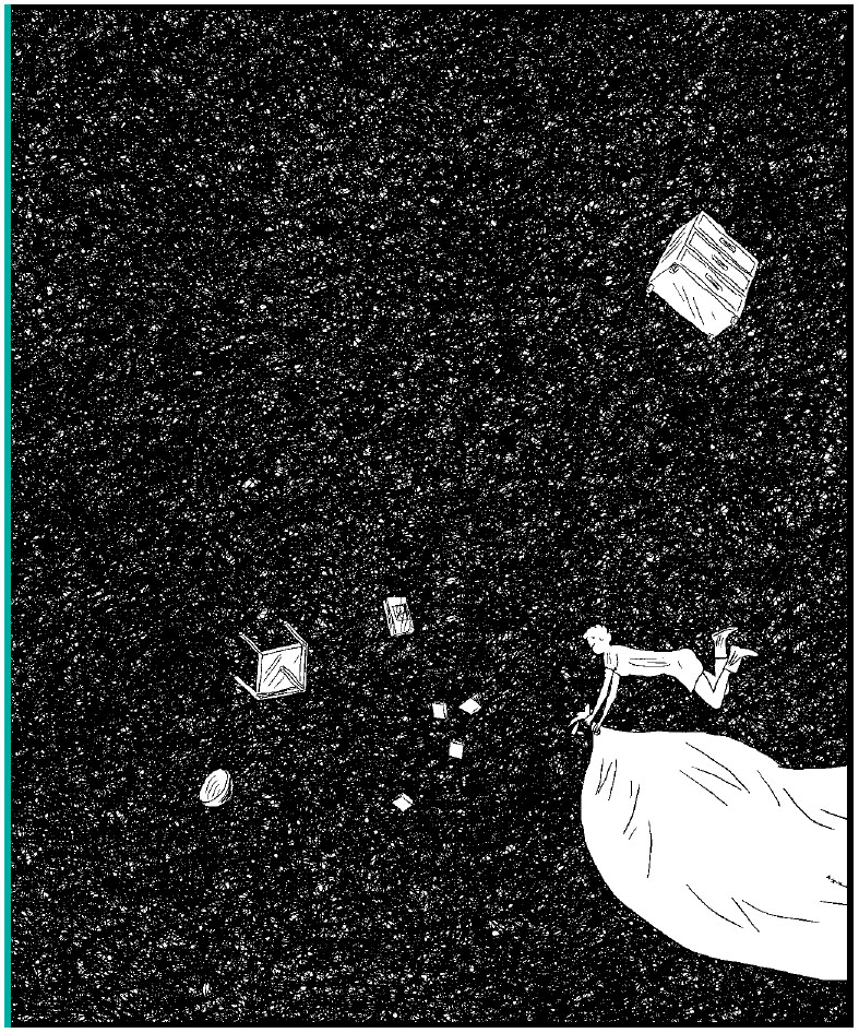 Description de l'image par IA : Une personne tend la main vers des objets flottant dans l'espace, dont des cubes et des sphères, sur fond étoilé.