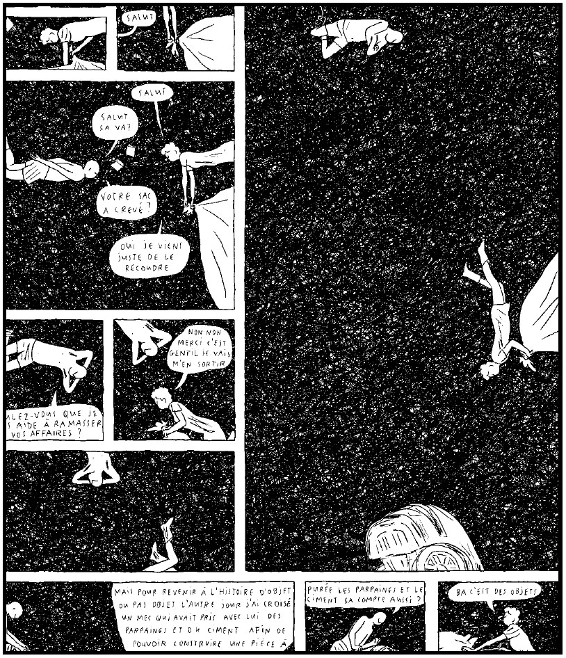Description de l'image par IA : Dessin animé montrant des personnages en train de discuter et de se déplacer dans un décor sombre.