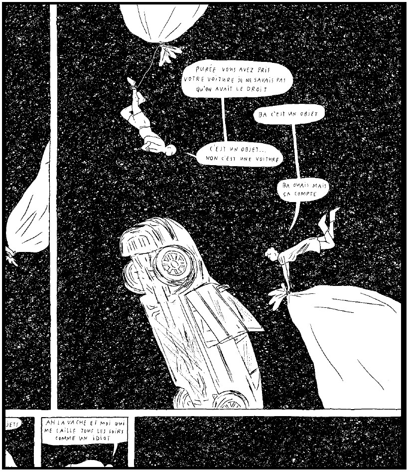 Description de l'image par IA : Une voiture est suspendue à un ballon, avec des personnages en l'air, des bulles de dialogue en français.