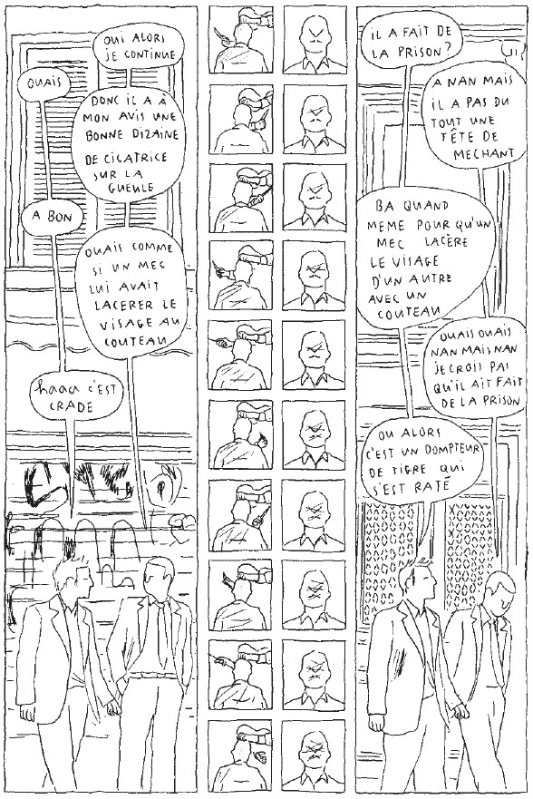 Description de l'image par IA : Des hommes discutent dans une pièce avec des cages et des animaux. Des bulles de texte montrent des dialogues entre eux.