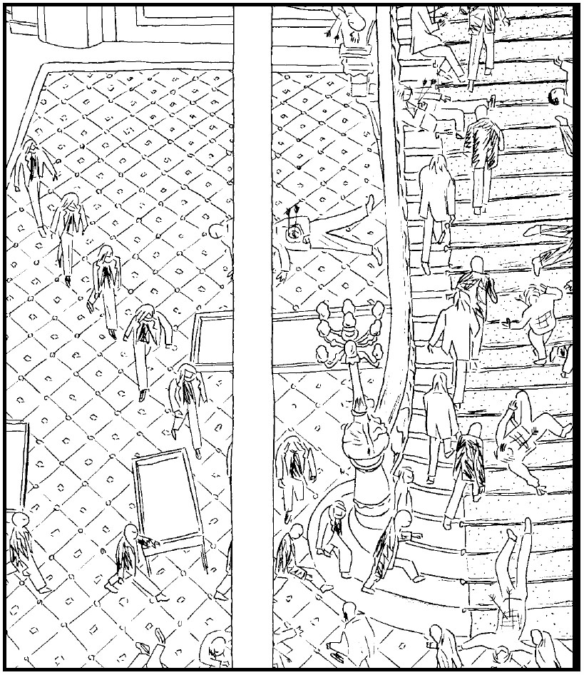 Description de l'image par IA : Dessins de personnes marchant dans des escaliers et une salle.