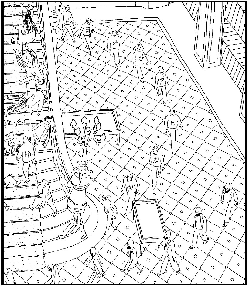 Description de l'image par IA : Dessin en noir et blanc montrant un groupe de personnes marchant sur un sol à motifs géométriques, avec des escaliers et un lustre.
