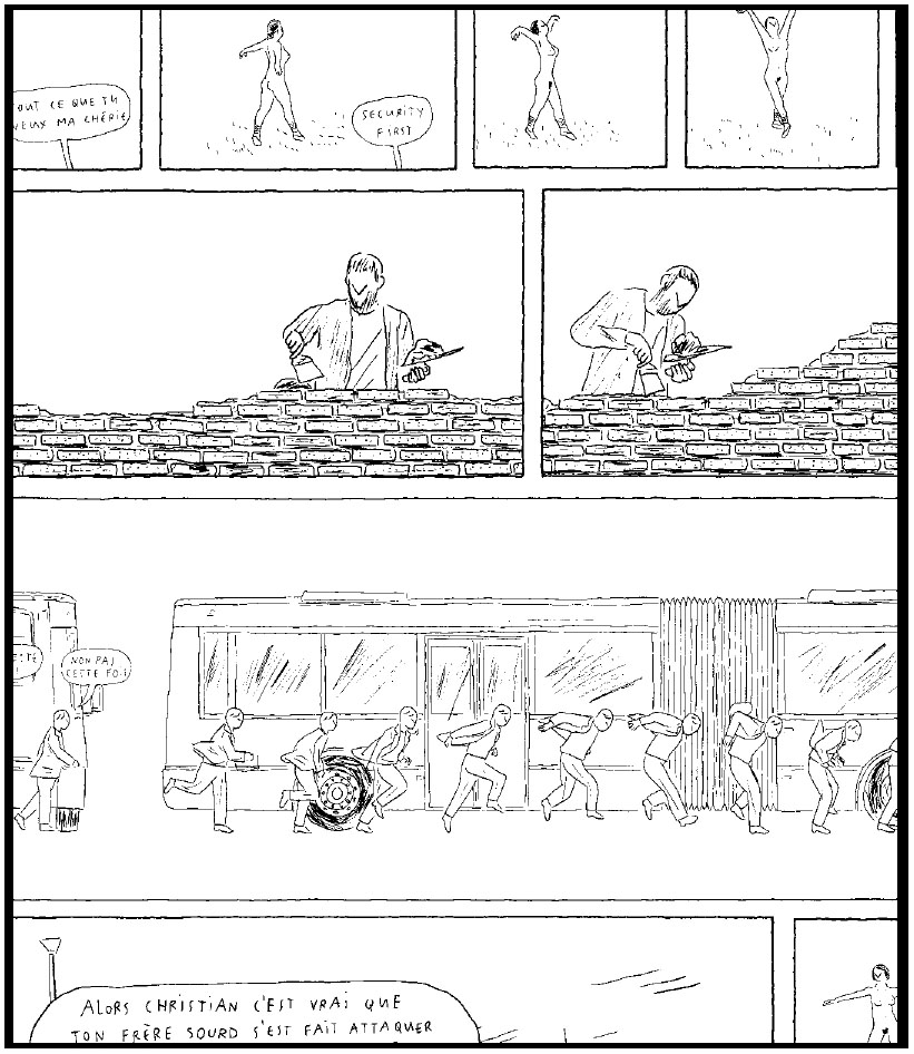 Description de l'image par IA : Des hommes armés attaquent, des gens fuient dans un bâtiment, un homme en fauteuil roulant est présent.