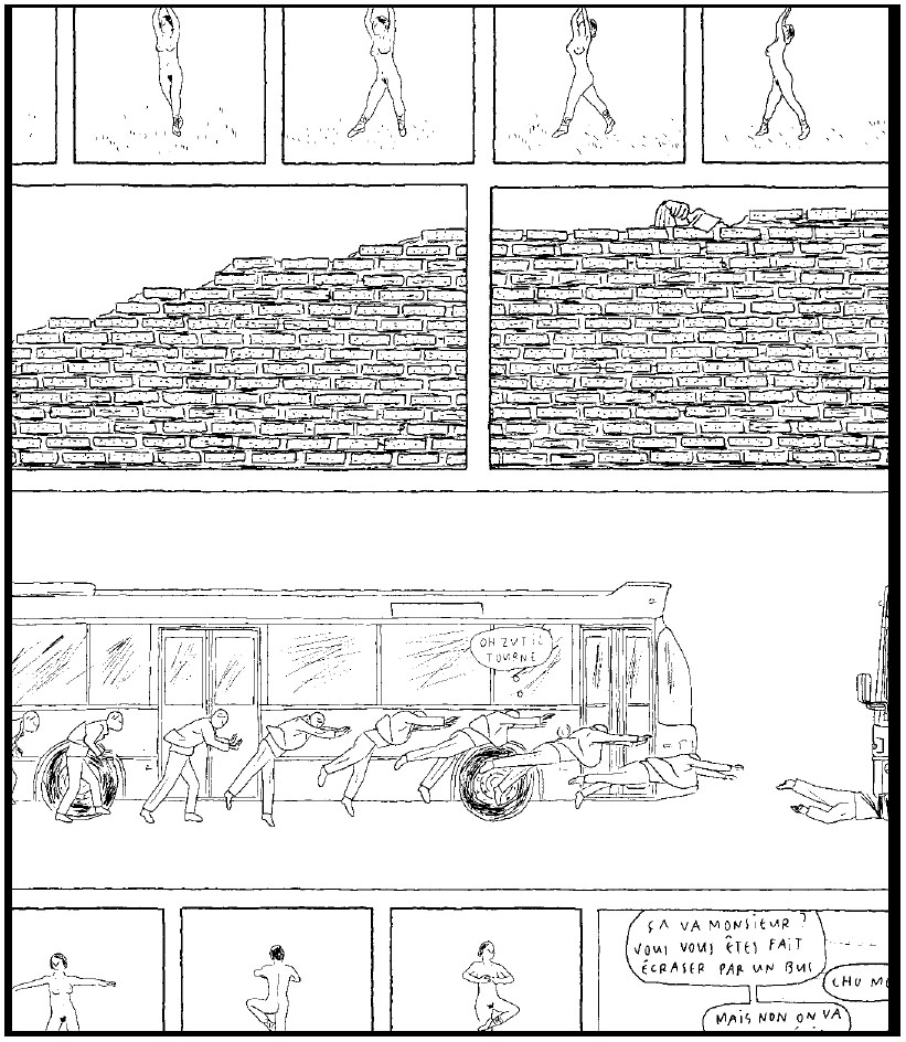 Description de l'image par IA : Dessins animés de personnes suspendues, murs de briques, et bulles de texte.