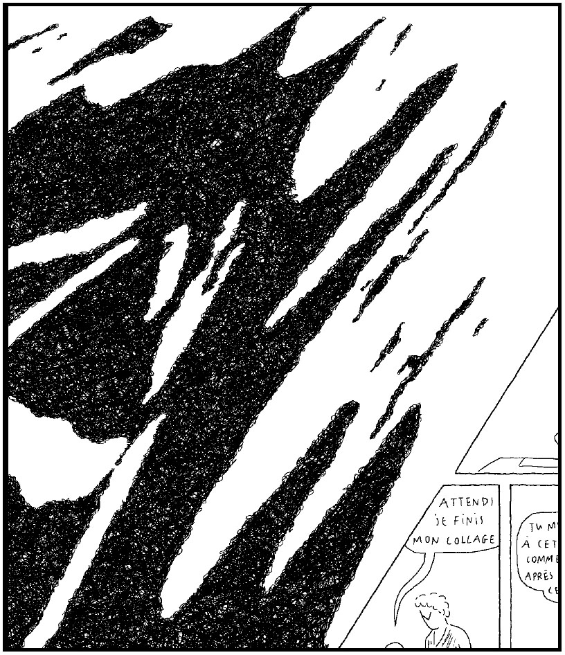 Description de l'image par IA : Dessins abstraits noirs et blancs avec des formes irrégulières. Une personne parle à une autre avec des bulles de dialogue en français.
