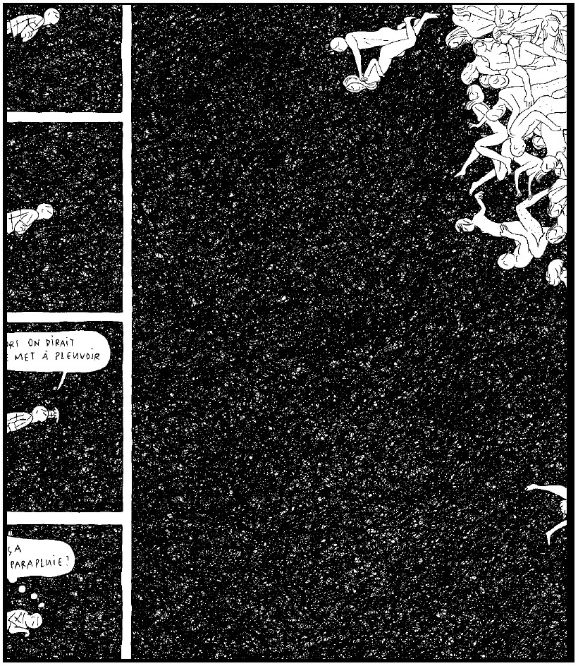 Description de l'image par IA : Dessins de corps flottant dans l'espace, avec bulles de texte en bas à gauche.