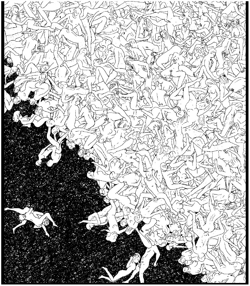 Description de l'image par IA : Dessins blancs de nombreuses figures humaines enchevêtrées sur fond sombre.