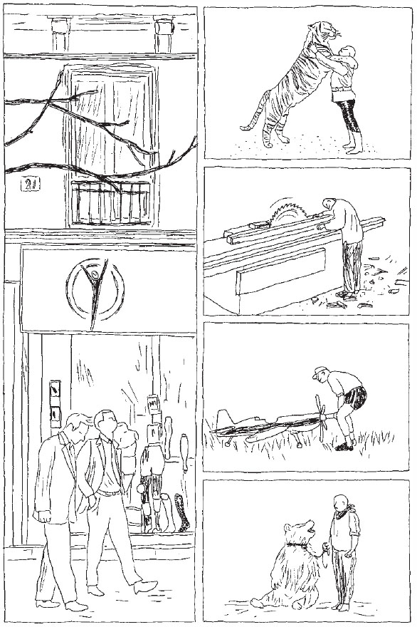 Description de l'image par IA : Des hommes manipulent des cages et des animaux, y compris un singe et un tigre.