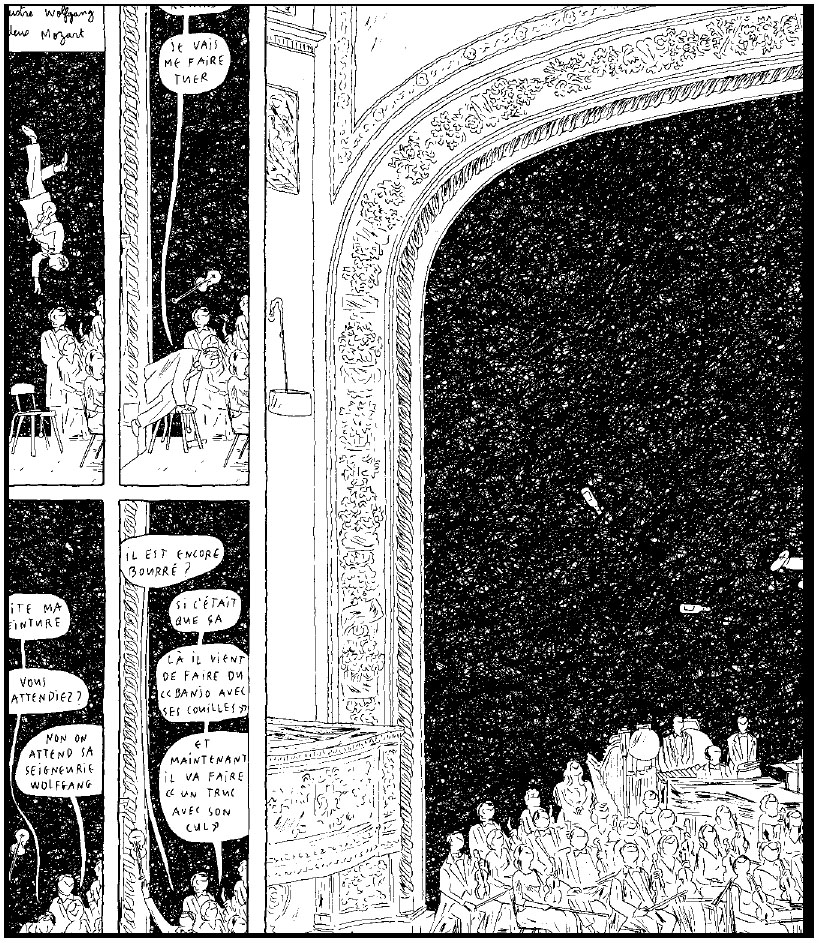 Description de l'image par IA : Dessin en noir et blanc d'une salle de concert. Mozart joue au clavecin, des spectateurs discutent, certains lisent des partitions.