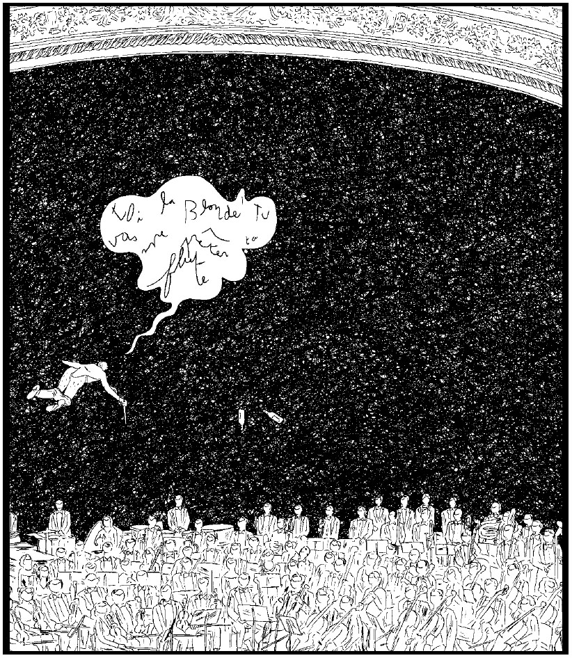 Description de l'image par IA : Dessin en noir et blanc d'une personne tombant d'un bâtiment avec une pensée bulle, devant une foule en bas.