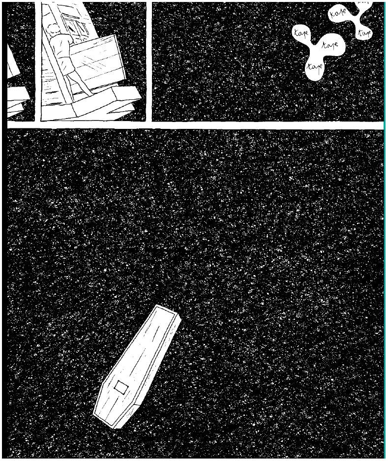 Description de l'image par IA : Image montre une personne assise à un bureau avec des livres, un cercueil flottant dans l'espace, et des bulles de dialogue répétant "tase".