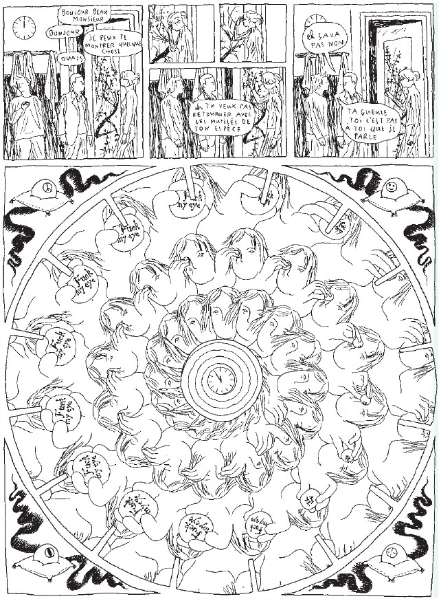 Description de l'image par IA : Descrip­tion : Une page de bande dessinée avec des singes et des horloges, des bulles de texte et des scènes animées.