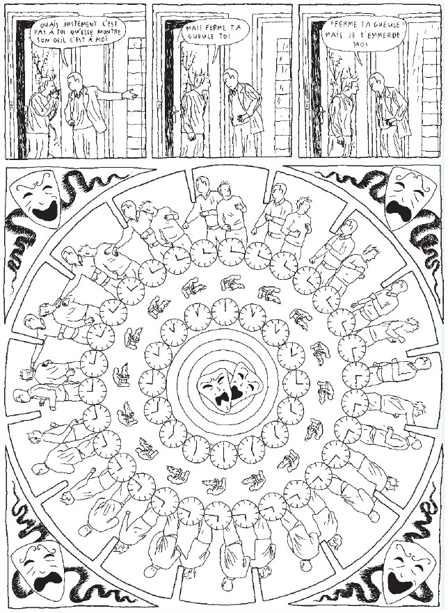Description de l'image par IA : Dessins animés avec des personnages et des horloges dans un panier de singe.
