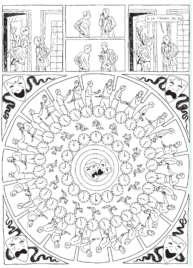 Description de l'image par IA : Dessins animés et circulaires avec des singes et des humains dans des positions variées.
