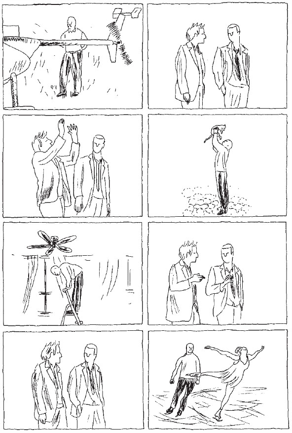 Description de l'image par IA : Homme sur table, deux hommes parlent, homme tombe, homme debout, homme sur échelle, deux hommes discutent, deux hommes regardent, homme lance frisbee.