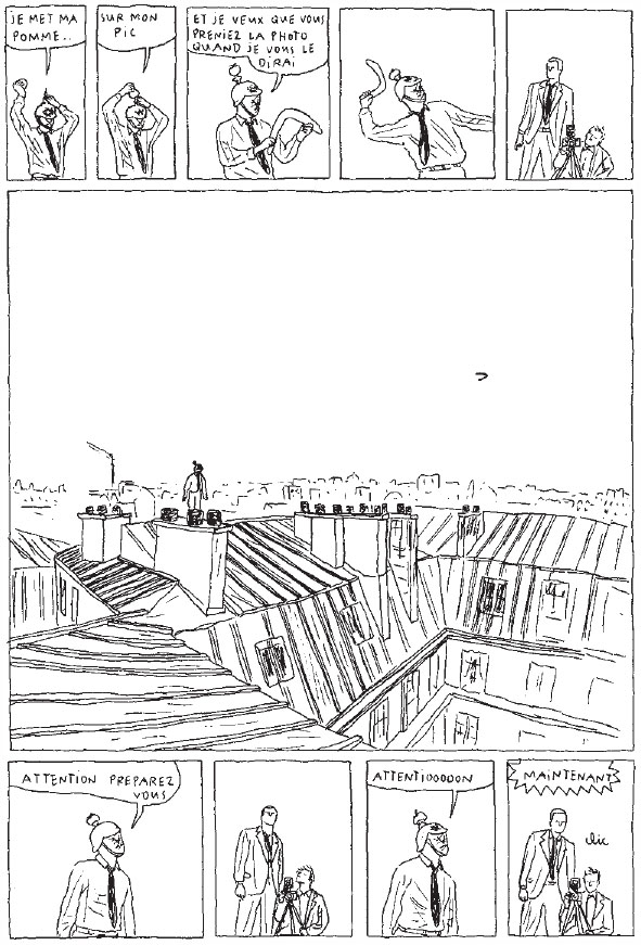 Description de l'image par IA : Des hommes en costume discutent et préparent un plan sur les toits de Paris.