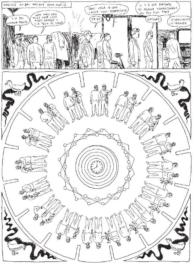 Description de l'image par IA : Des personnes en discussion dans un cadre circulaire avec des dialogues et des personnages en arrière-plan.