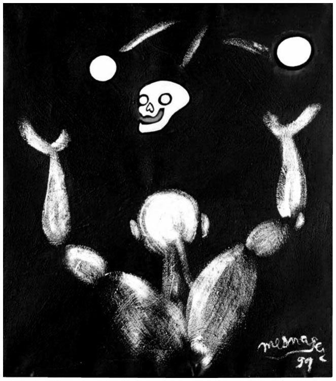 Description de l'image par IA : Danseur en l'air avec crâne et lunes noires.