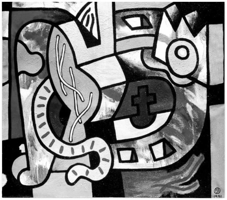 Description de l'image par IA : Dessin abstrait en noir et blanc avec des formes géométriques et des lignes stylisées.