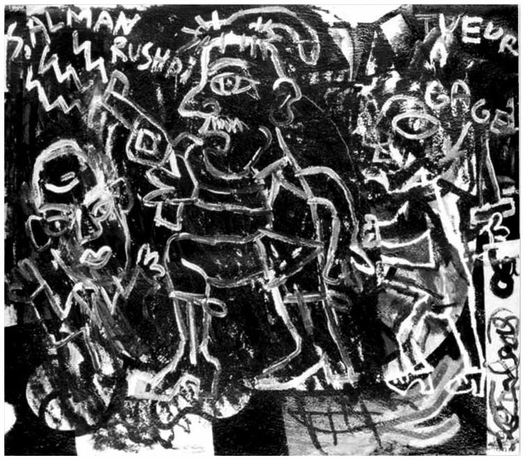 Description de l'image par IA : Dessin abstrait en noir et blanc avec des formes et des lignes stylisées.