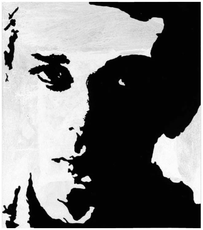 Description de l'image par IA : Visage humain stylisé en noir et blanc, avec des contrastes marqués.
