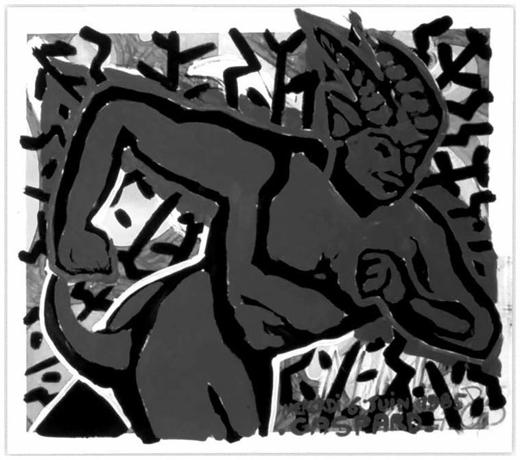 Description de l'image par IA : Dessins abstraits en noir et blanc, formes organiques et lignes sinueuses.