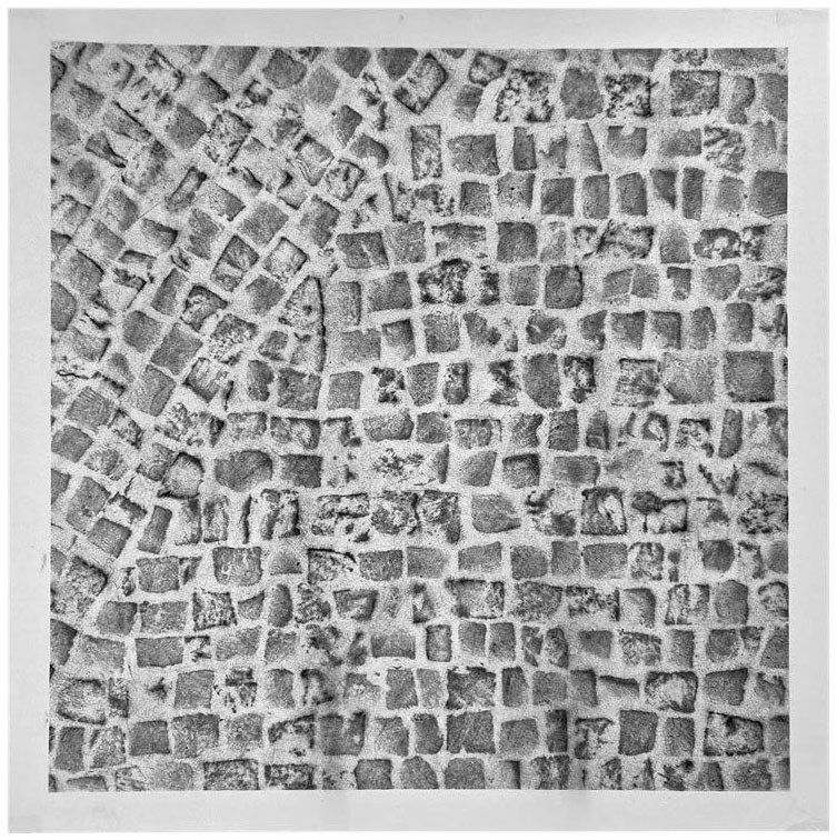 Description de l'image par IA : Motif de pavés en noir et blanc, disposés en spirale.