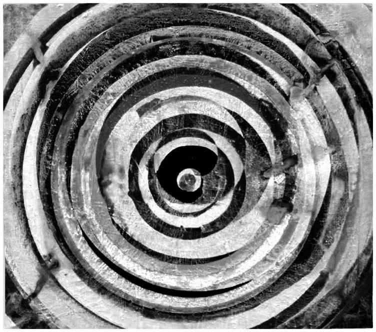 Description de l'image par IA : Cercle noir et blanc avec spirales concentriques.